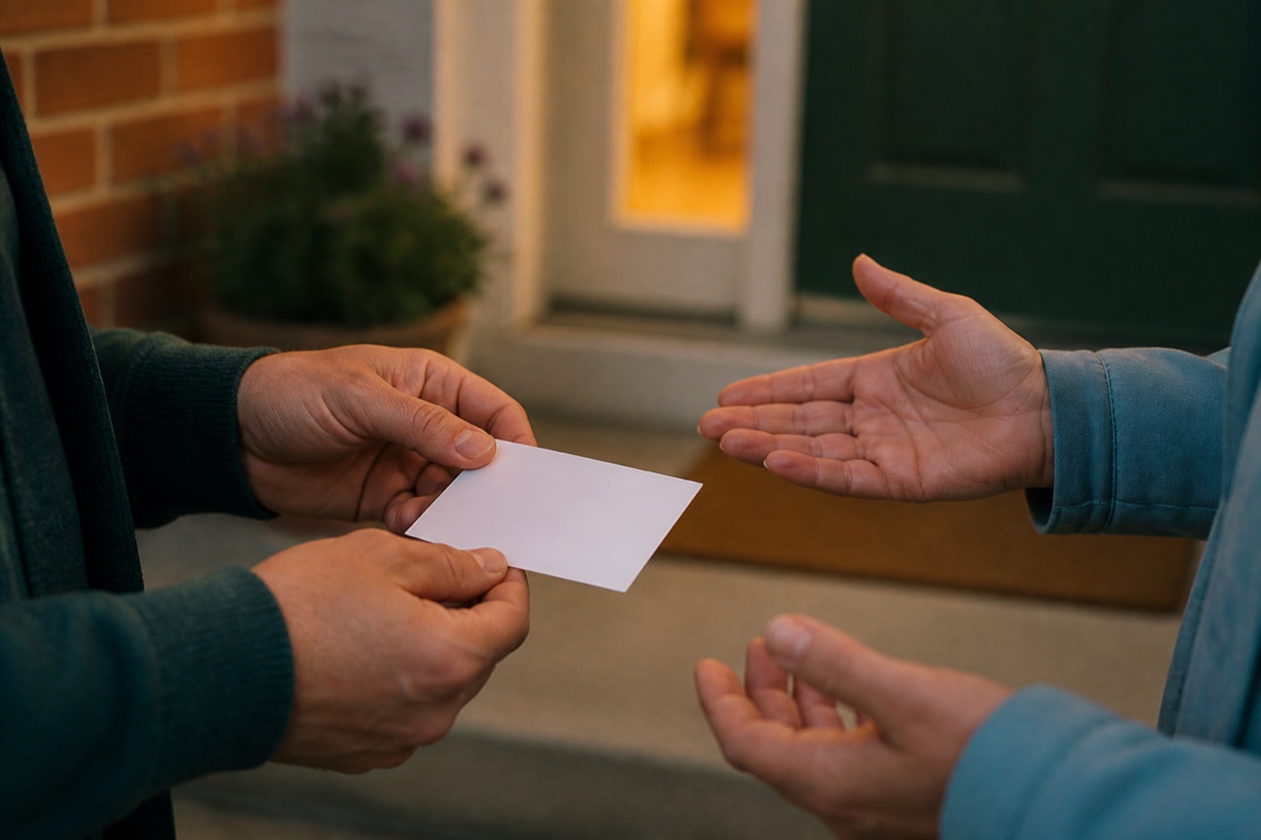 Prototype image of hands gesturing during a doorstep conversation with faces out of frame