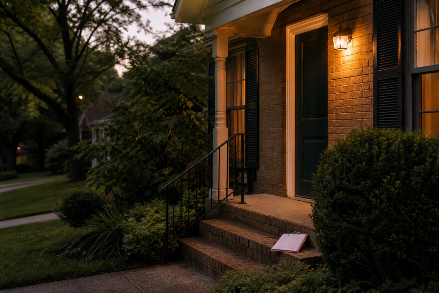 Prototype image of a quiet residential doorstep in warm evening light